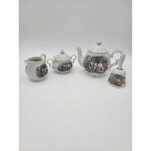 Vtg Teapot Cream Sugar Set & Bell Old Grist Mill Currier & Ives Avon Sales Award